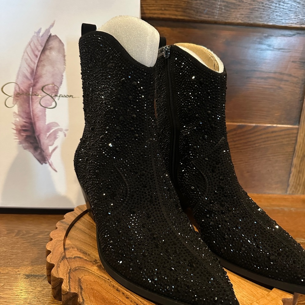 Jessica Simpson Black Crystal-Studded Ankle Booties